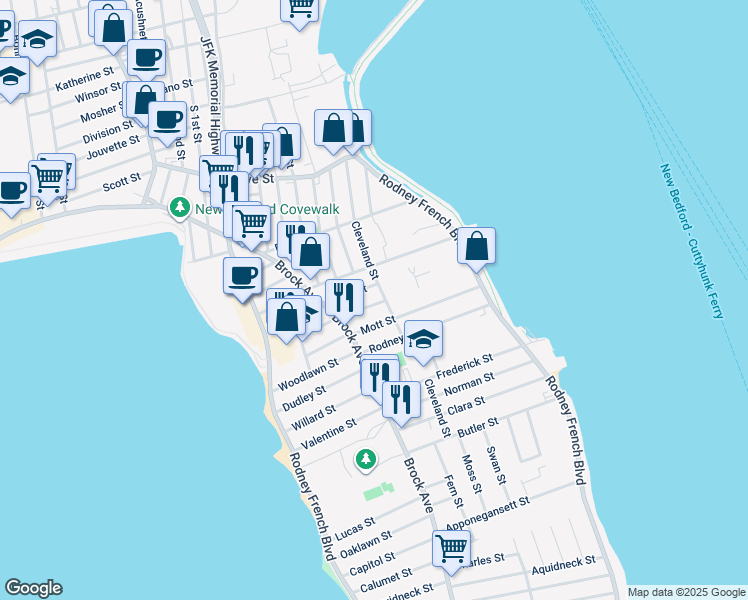 map of restaurants, bars, coffee shops, grocery stores, and more near 99 Cleveland Street in New Bedford