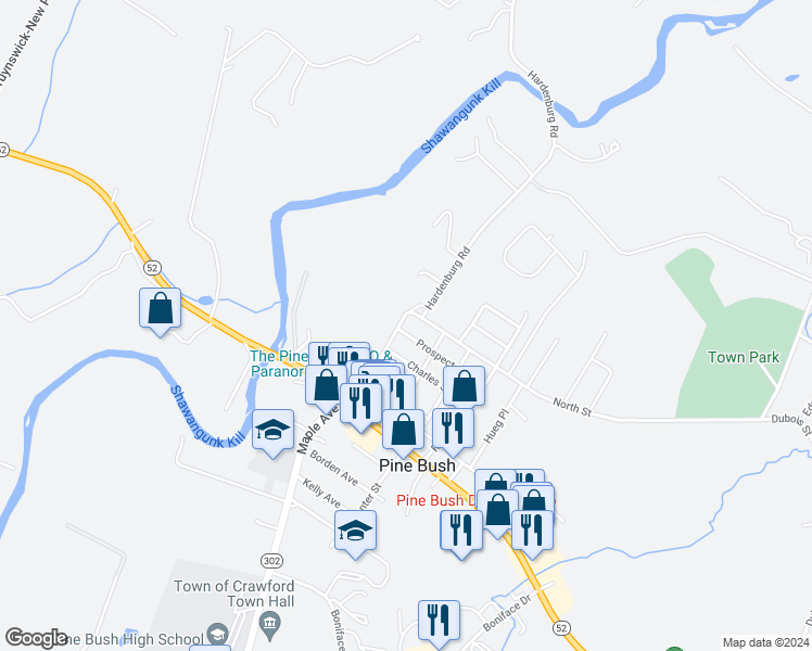 map of restaurants, bars, coffee shops, grocery stores, and more near 1 Hardenburg Road in Pine Bush