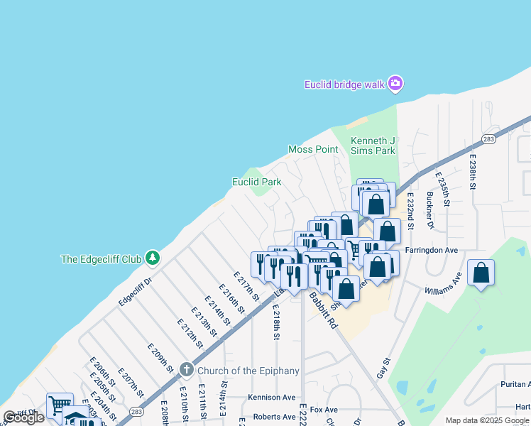 map of restaurants, bars, coffee shops, grocery stores, and more near 25 East 221st Street in Euclid