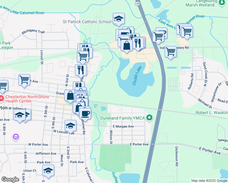 map of restaurants, bars, coffee shops, grocery stores, and more near 199 Lindall Avenue in Chesterton