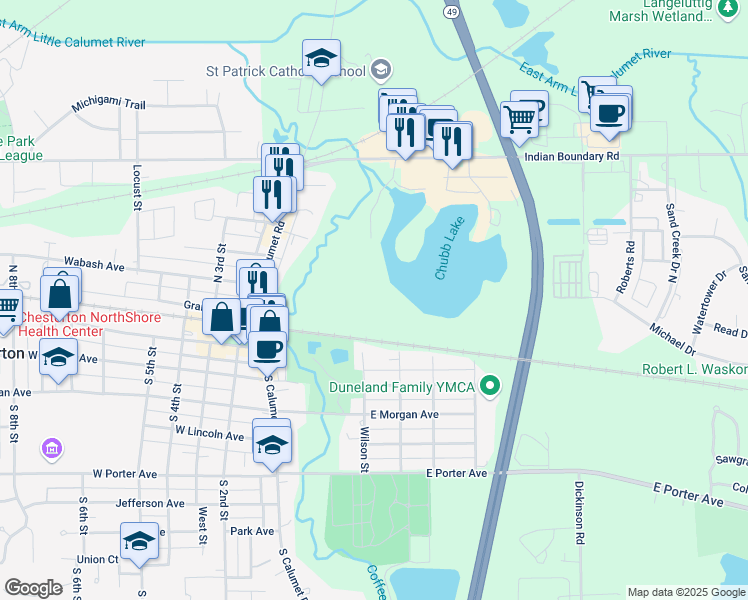 map of restaurants, bars, coffee shops, grocery stores, and more near 199 Lindall Avenue in Chesterton