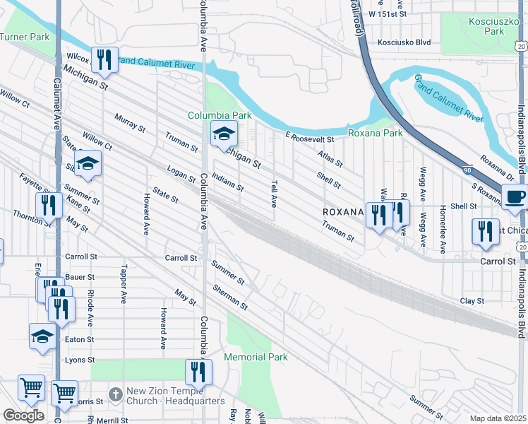 map of restaurants, bars, coffee shops, grocery stores, and more near 1333 Indiana Street in Hammond