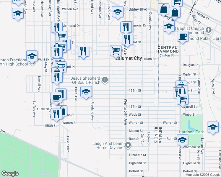 map of restaurants, bars, coffee shops, grocery stores, and more near 302 155th Place in Calumet City