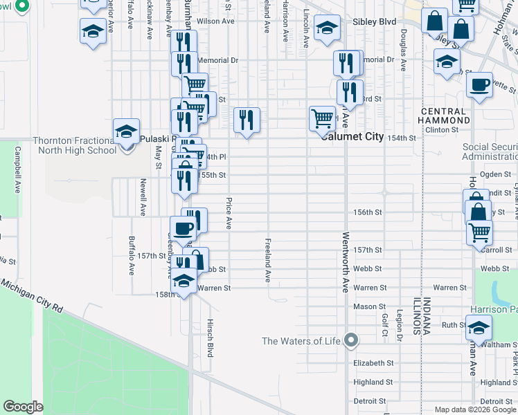 map of restaurants, bars, coffee shops, grocery stores, and more near 414 155th Place in Calumet City