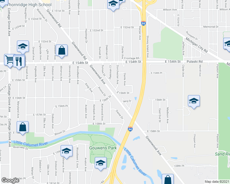 map of restaurants, bars, coffee shops, grocery stores, and more near 15524 Sunset Drive in Dolton