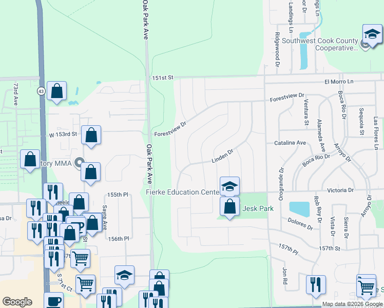 map of restaurants, bars, coffee shops, grocery stores, and more near 15300 Pine Drive in Oak Forest