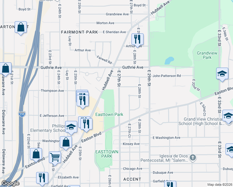 map of restaurants, bars, coffee shops, grocery stores, and more near 2106 East 27th Street in Des Moines