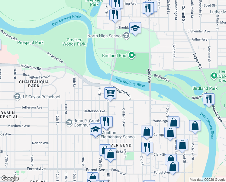 map of restaurants, bars, coffee shops, grocery stores, and more near 601 Arlington Avenue in Des Moines