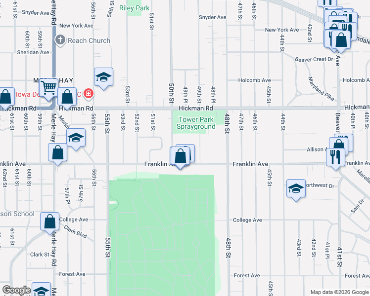 map of restaurants, bars, coffee shops, grocery stores, and more near 2014 50th Street in Des Moines