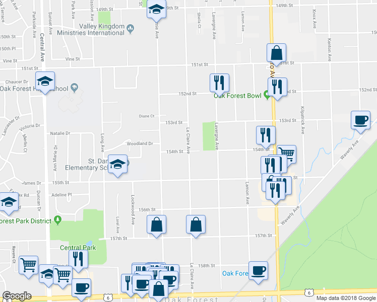 map of restaurants, bars, coffee shops, grocery stores, and more near 15398 Le Claire Avenue in Oak Forest