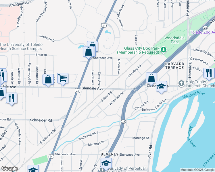 map of restaurants, bars, coffee shops, grocery stores, and more near 1418 Abbott Avenue in Toledo