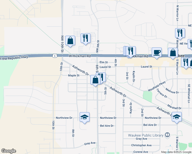 map of restaurants, bars, coffee shops, grocery stores, and more near 675 Ashworth Drive in Waukee