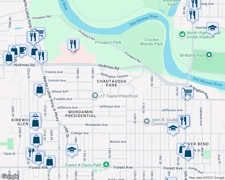 map of restaurants, bars, coffee shops, grocery stores, and more near 2019 Avalon Road in Des Moines