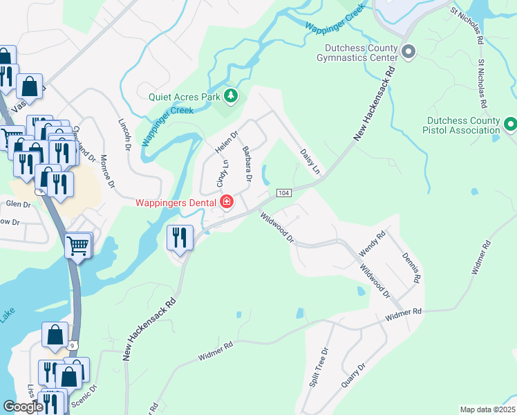 map of restaurants, bars, coffee shops, grocery stores, and more near New Hackensack Rd & Wildwood Dr in Wappingers Falls