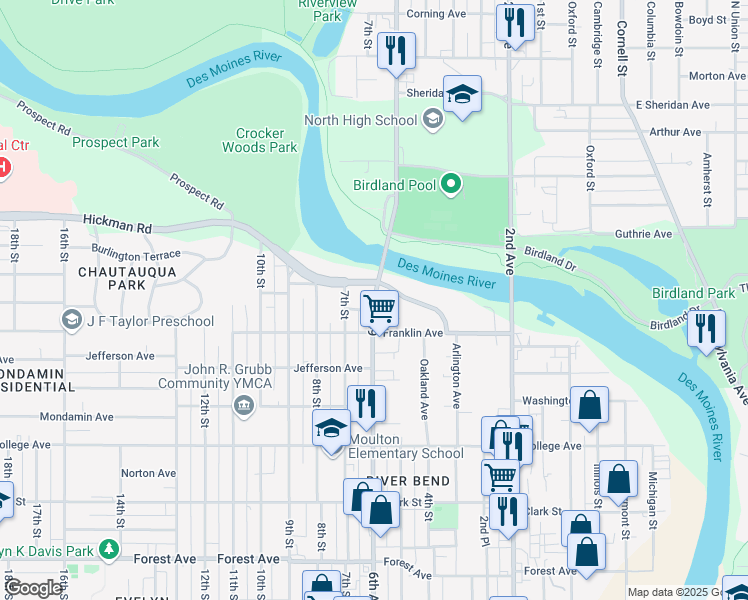 map of restaurants, bars, coffee shops, grocery stores, and more near 2008 6th Avenue in Des Moines