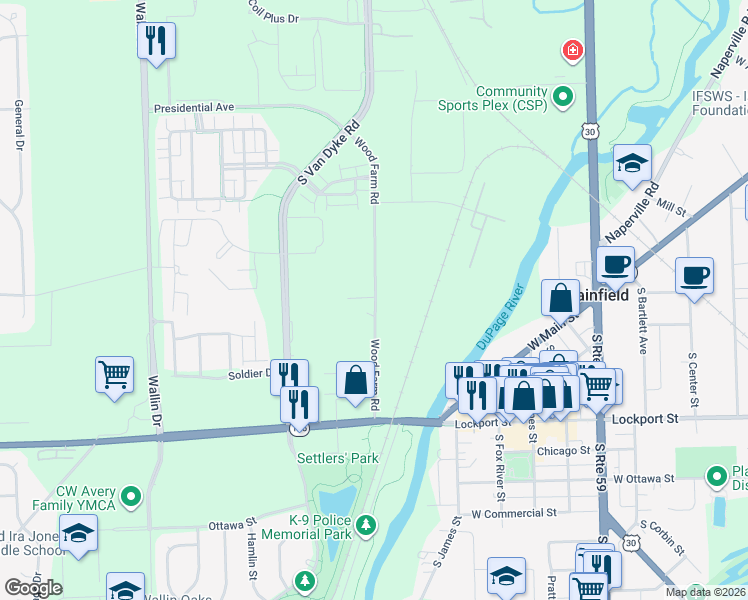 map of restaurants, bars, coffee shops, grocery stores, and more near 1088-1176 South Wood Farm Road in Plainfield