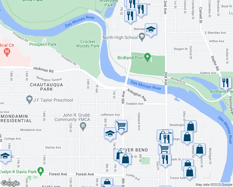 map of restaurants, bars, coffee shops, grocery stores, and more near 2005 7th Street in Des Moines