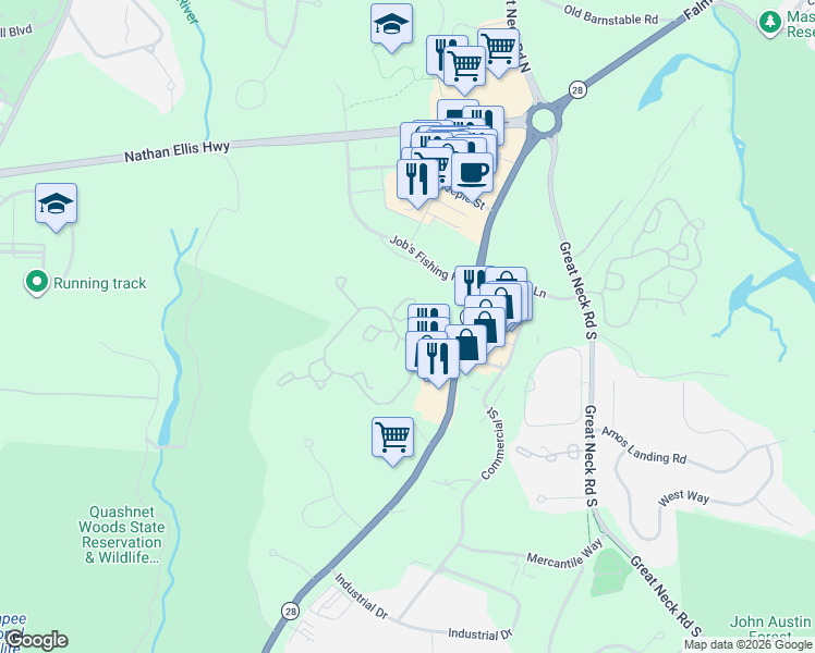 map of restaurants, bars, coffee shops, grocery stores, and more near Shellback Way in Mashpee