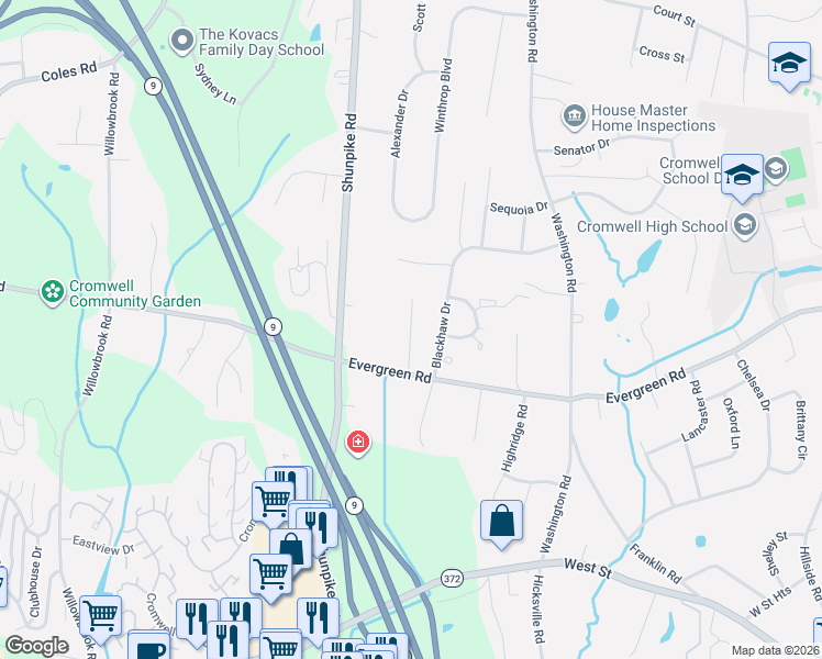 map of restaurants, bars, coffee shops, grocery stores, and more near Copper Knoll Lane in Cromwell