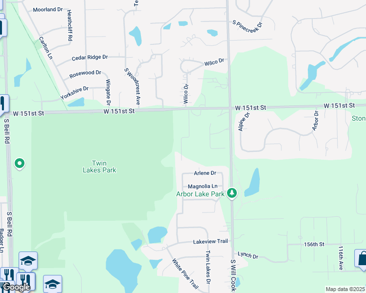 map of restaurants, bars, coffee shops, grocery stores, and more near 12145 West 151st Street in Homer Glen