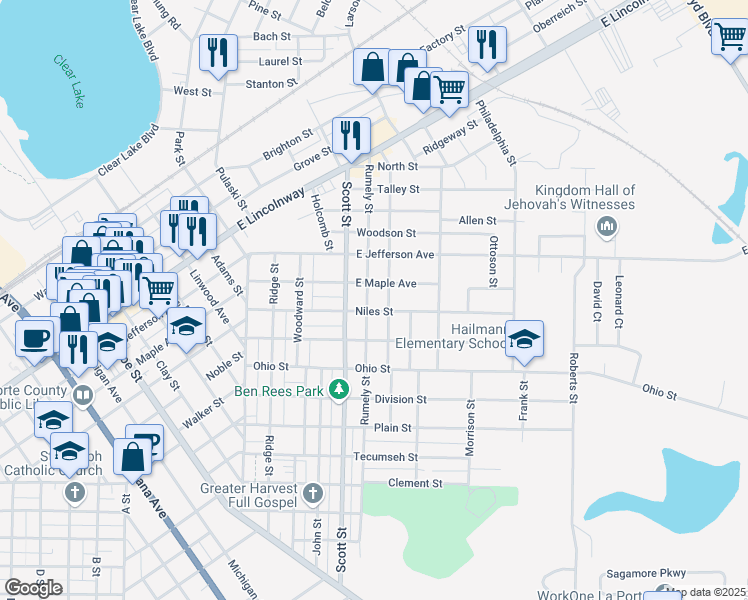 map of restaurants, bars, coffee shops, grocery stores, and more near 516 Rumely Street in La Porte
