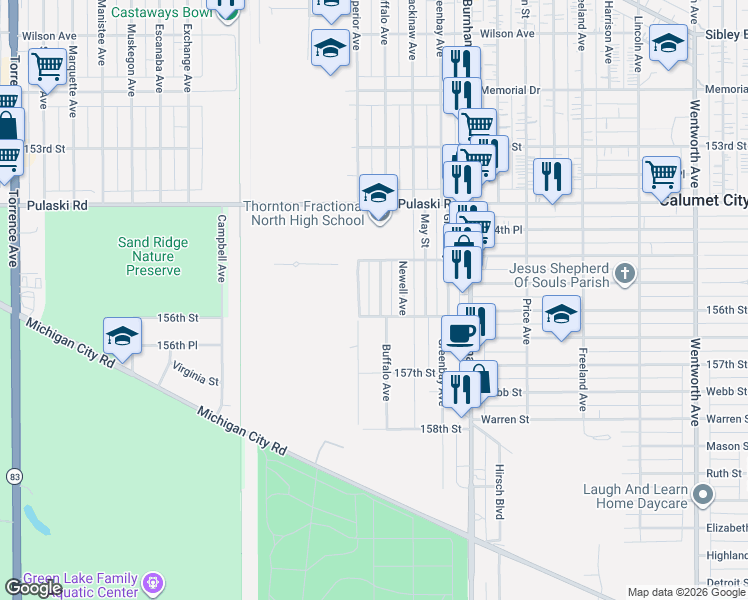 map of restaurants, bars, coffee shops, grocery stores, and more near 753 Buffalo Avenue in Calumet City