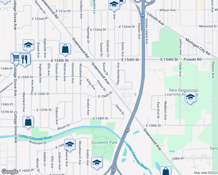 map of restaurants, bars, coffee shops, grocery stores, and more near 15524 Sunset Drive in Dolton