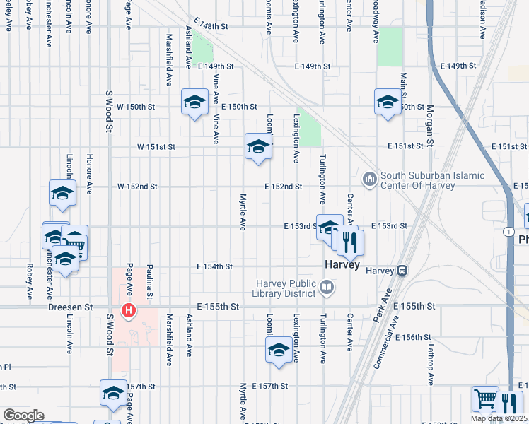 map of restaurants, bars, coffee shops, grocery stores, and more near 15213 Loomis Avenue in Harvey