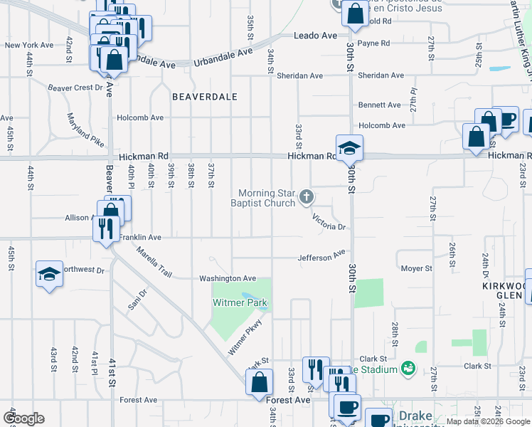 map of restaurants, bars, coffee shops, grocery stores, and more near 2023 34th Street in Des Moines