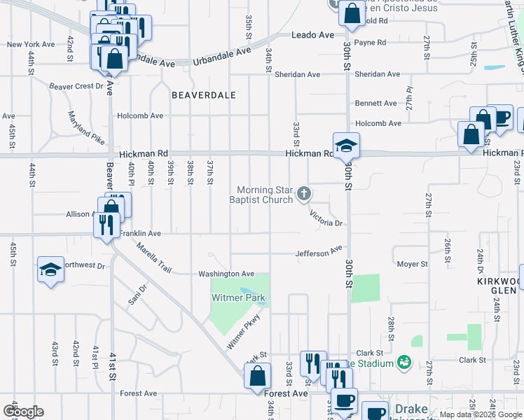 map of restaurants, bars, coffee shops, grocery stores, and more near 2023 35th Street in Des Moines