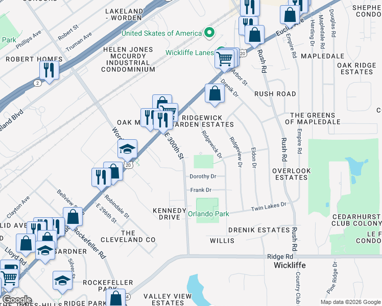 map of restaurants, bars, coffee shops, grocery stores, and more near 1580 Lee Terrace Drive in Wickliffe