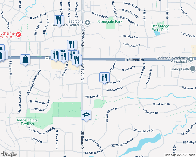 map of restaurants, bars, coffee shops, grocery stores, and more near 15306 Ridgeview Drive in Clive