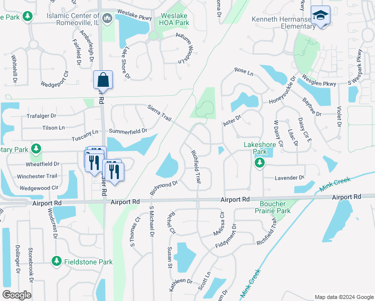 map of restaurants, bars, coffee shops, grocery stores, and more near 306 Richfield Trail in Romeoville