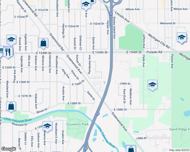 map of restaurants, bars, coffee shops, grocery stores, and more near 15518 Dante Avenue in Dolton