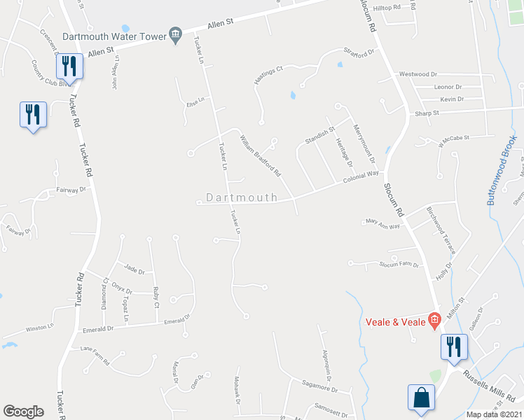 map of restaurants, bars, coffee shops, grocery stores, and more near 46 Colonial Way in Dartmouth