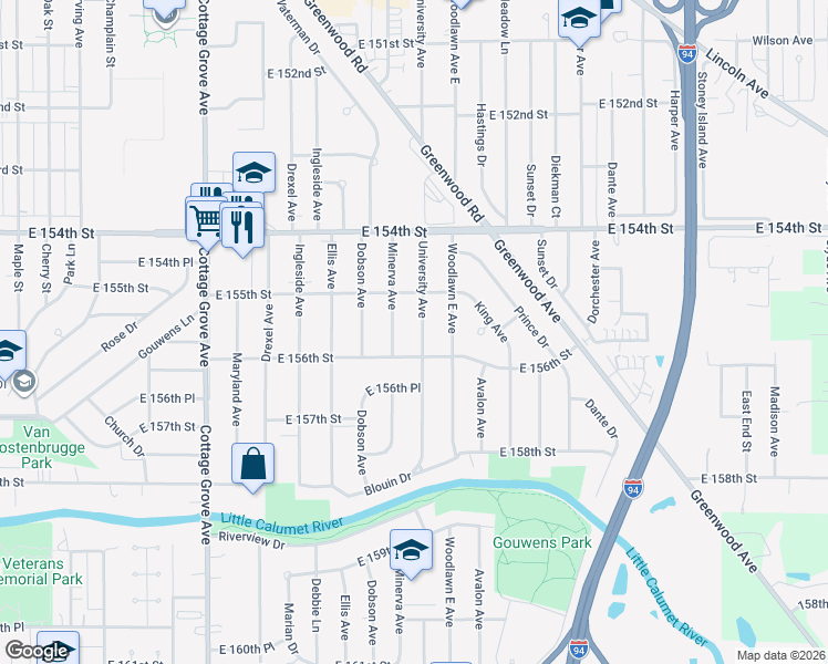 map of restaurants, bars, coffee shops, grocery stores, and more near 15530 University Avenue in Dolton