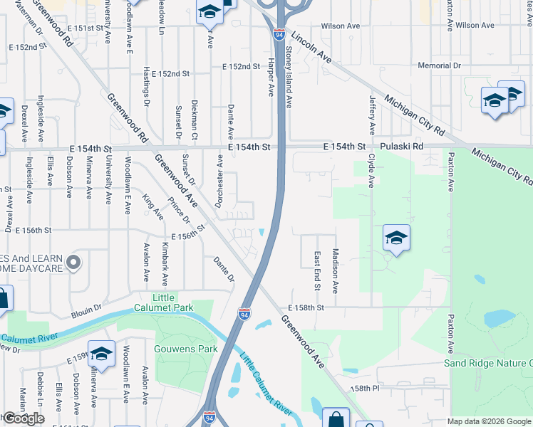 map of restaurants, bars, coffee shops, grocery stores, and more near 15520 Blackstone Avenue in Dolton