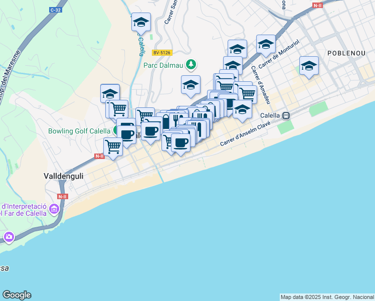 map of restaurants, bars, coffee shops, grocery stores, and more near 75 Carrer de Jovara in Calella