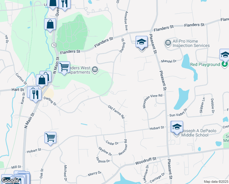 map of restaurants, bars, coffee shops, grocery stores, and more near 35 Darling Street in Southington