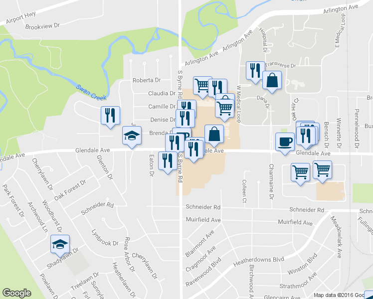 map of restaurants, bars, coffee shops, grocery stores, and more near 3428 Glendale Ave in Toledo