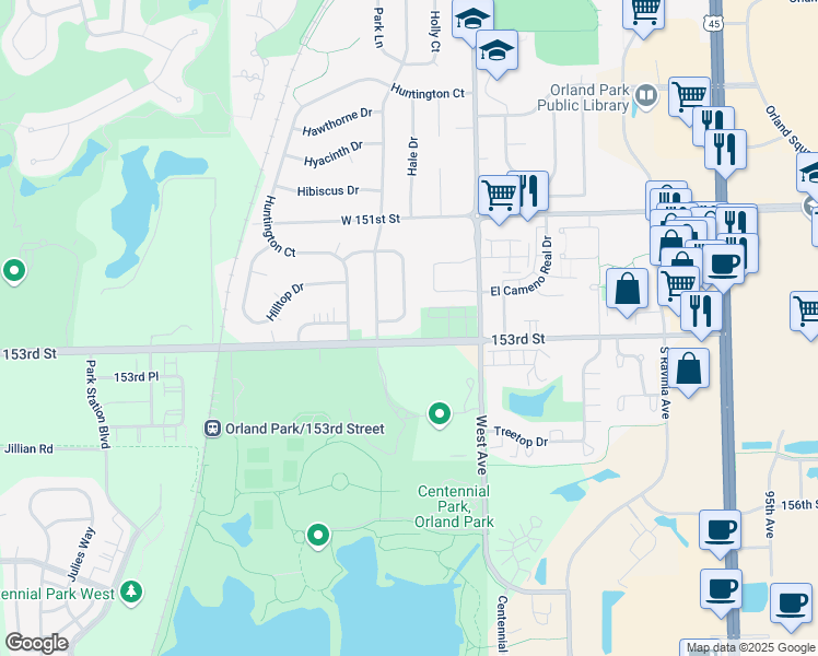 map of restaurants, bars, coffee shops, grocery stores, and more near 15245 Hiawatha Trail in Orland Park