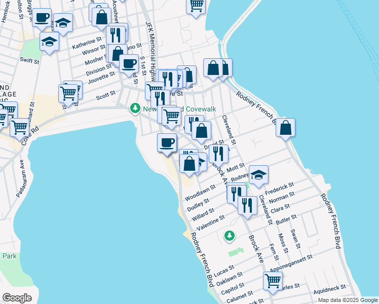map of restaurants, bars, coffee shops, grocery stores, and more near 11 George Street in New Bedford