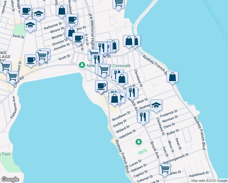 map of restaurants, bars, coffee shops, grocery stores, and more near 11 George Street in New Bedford