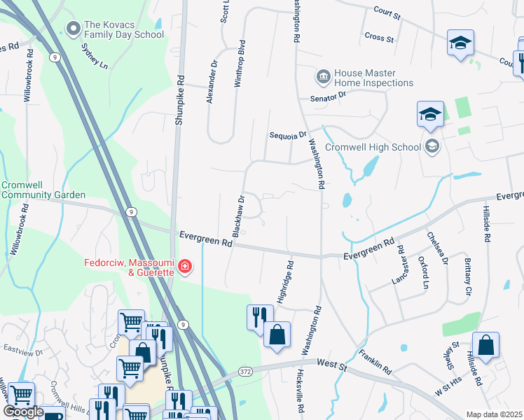 map of restaurants, bars, coffee shops, grocery stores, and more near 4 Shawnee Court in Cromwell