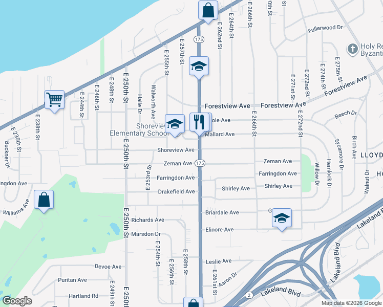 map of restaurants, bars, coffee shops, grocery stores, and more near 25850 Shoreview Avenue in Euclid