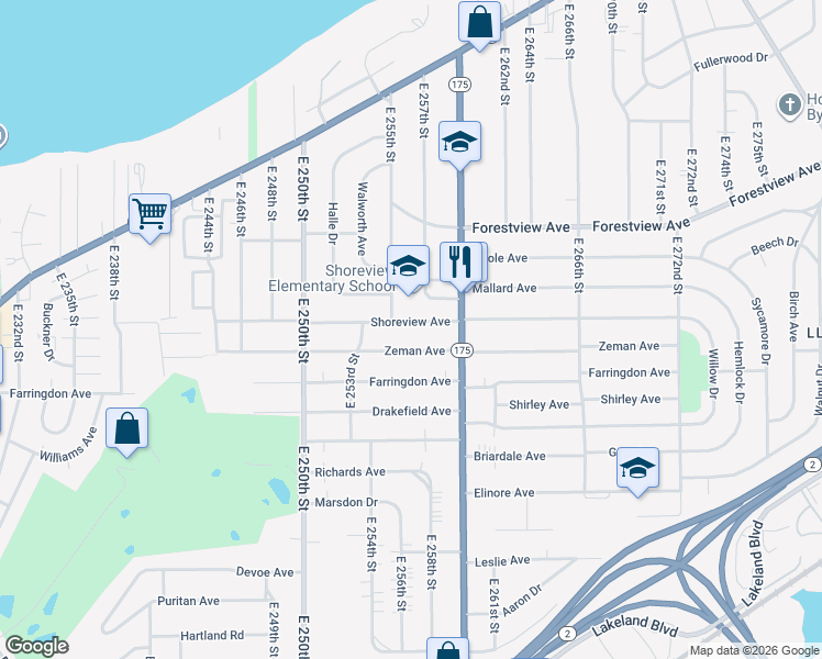 map of restaurants, bars, coffee shops, grocery stores, and more near 490 East 260th Street in Euclid
