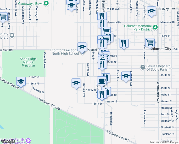 map of restaurants, bars, coffee shops, grocery stores, and more near 753 May Street in Calumet City