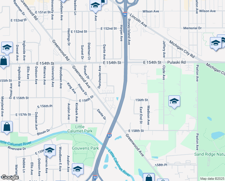 map of restaurants, bars, coffee shops, grocery stores, and more near 15520 Blackstone Avenue in Dolton