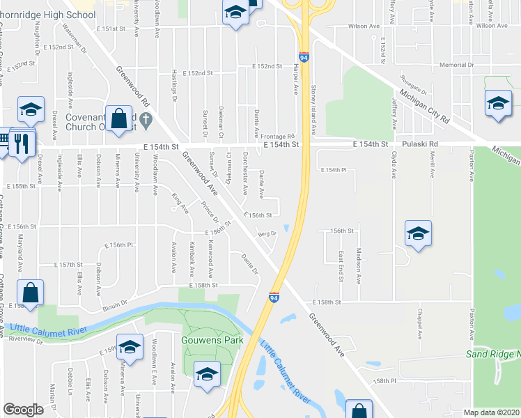 map of restaurants, bars, coffee shops, grocery stores, and more near 15518 Dante Avenue in Dolton