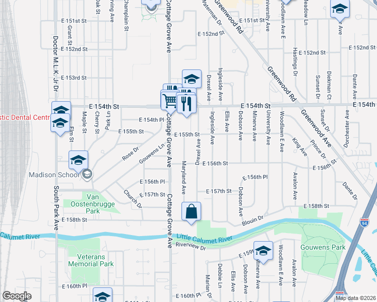 map of restaurants, bars, coffee shops, grocery stores, and more near 15510 Drexel Avenue in Dolton
